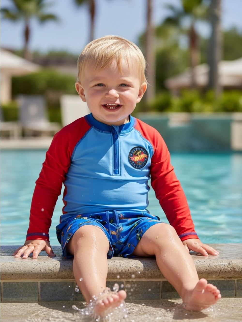Toddler Long-Sleeve Two-Piece Rash Suit and Swim Trunks in Light Blue and Red